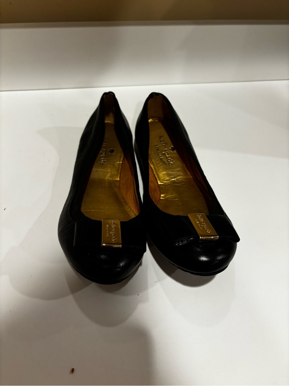 kate spade Black Leather Ballet Flats with Gold Plaque